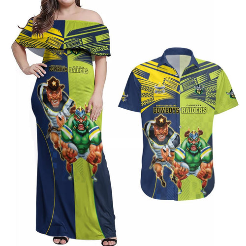 Custom Raiders and Cowboys Couples Matching Off Shoulder Maxi Dress and Hawaiian Shirt Together Sporty Style