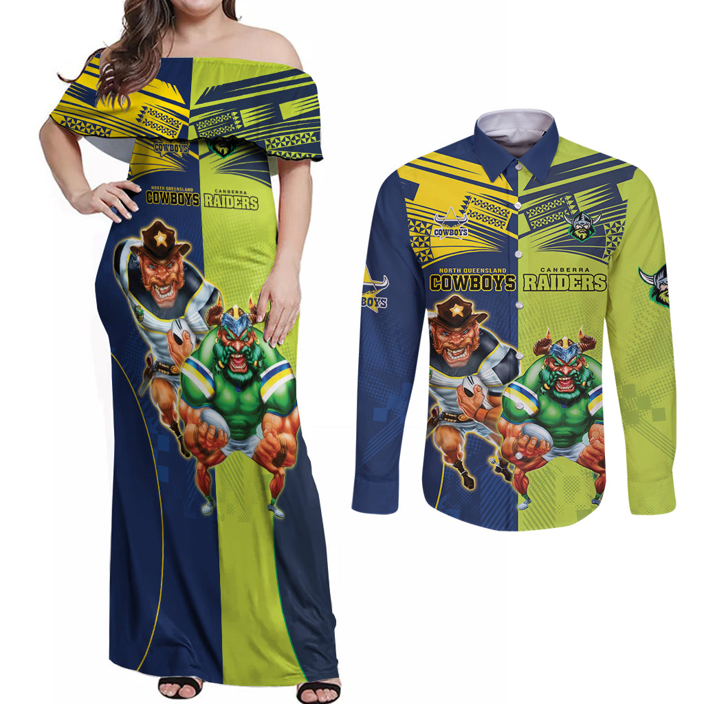 Custom Raiders and Cowboys Couples Matching Off Shoulder Maxi Dress and Long Sleeve Button Shirt Together Sporty Style