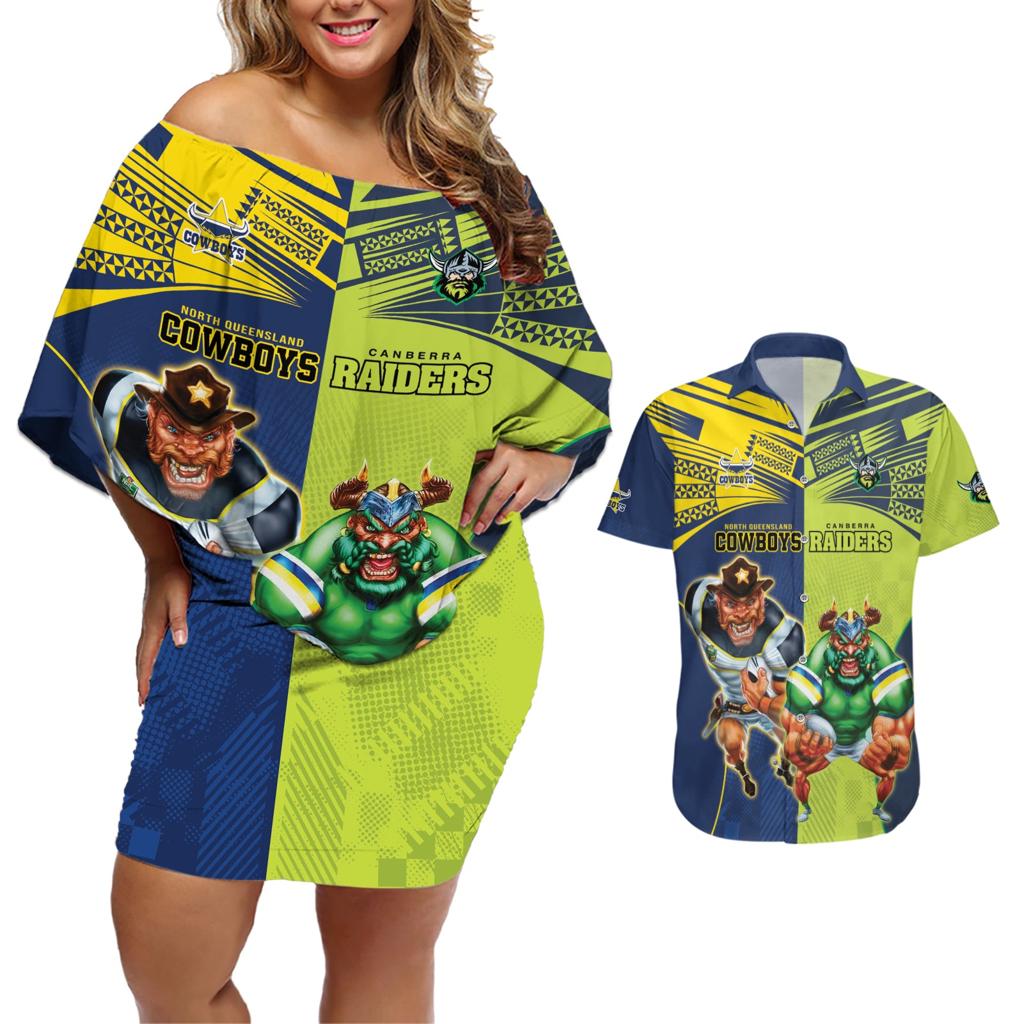 Custom Raiders and Cowboys Couples Matching Off Shoulder Short Dress and Hawaiian Shirt Together Sporty Style