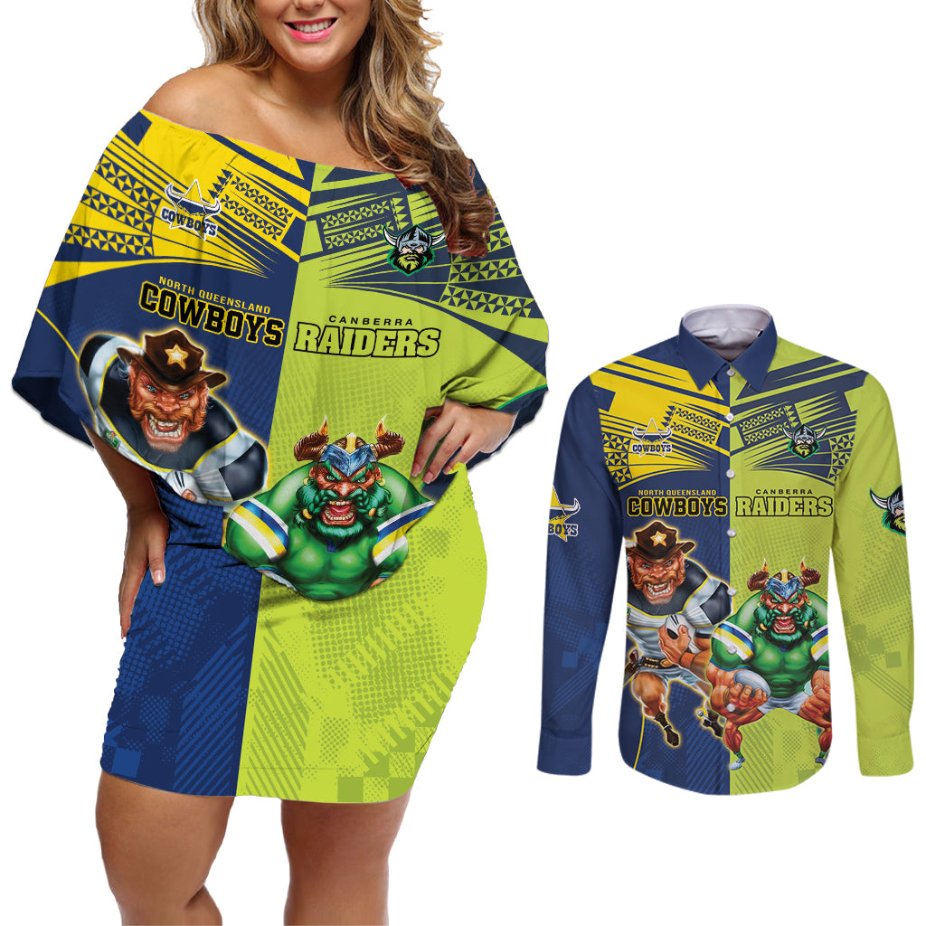 Custom Raiders and Cowboys Couples Matching Off Shoulder Short Dress and Long Sleeve Button Shirt Together Sporty Style