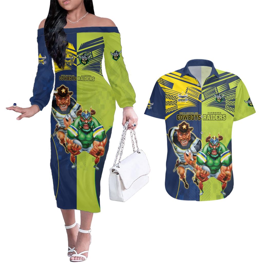 Custom Raiders and Cowboys Couples Matching Off The Shoulder Long Sleeve Dress and Hawaiian Shirt Together Sporty Style