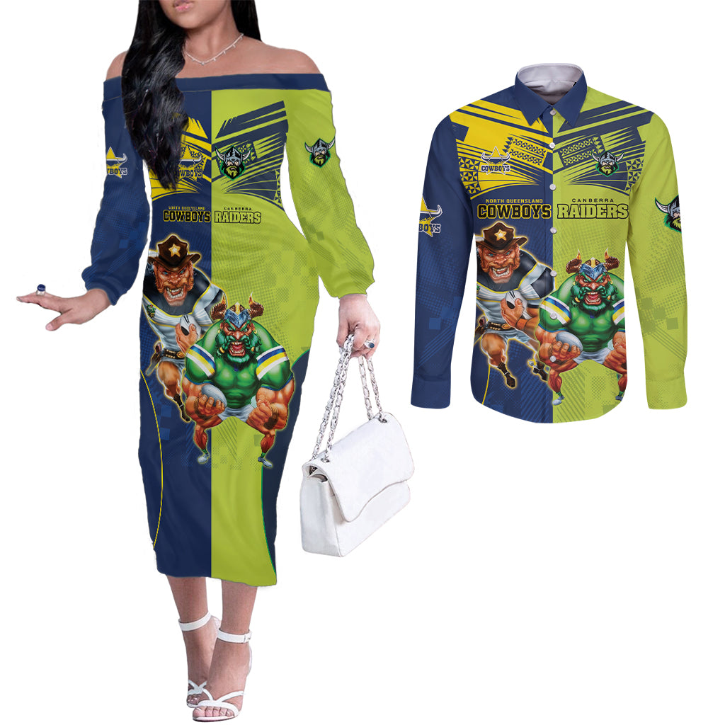 Custom Raiders and Cowboys Couples Matching Off The Shoulder Long Sleeve Dress and Long Sleeve Button Shirt Together Sporty Style