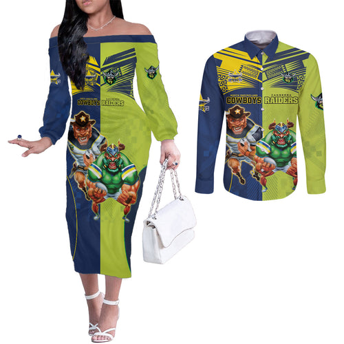 Custom Raiders and Cowboys Couples Matching Off The Shoulder Long Sleeve Dress and Long Sleeve Button Shirt Together Sporty Style