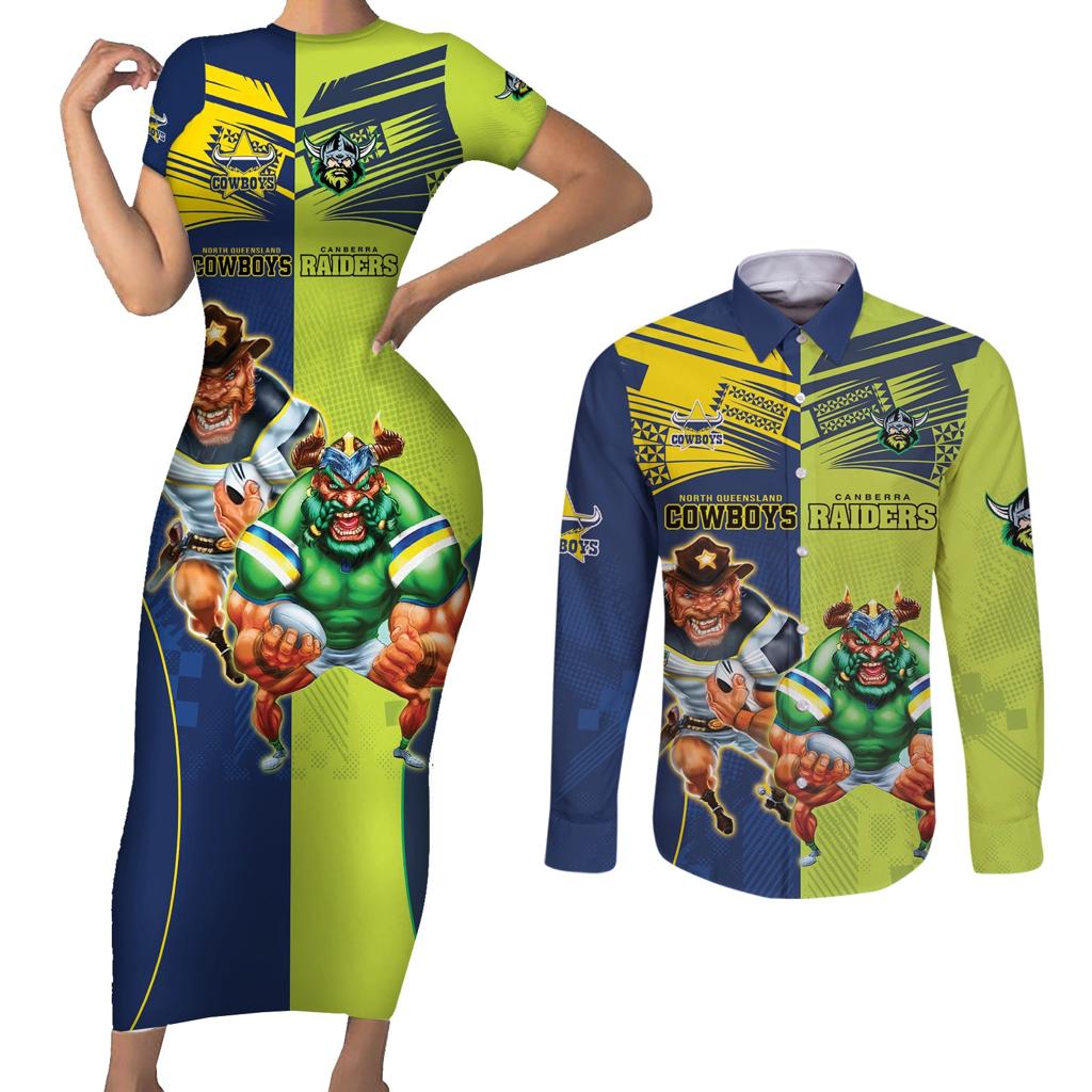 Custom Raiders and Cowboys Couples Matching Short Sleeve Bodycon Dress and Long Sleeve Button Shirt Together Sporty Style