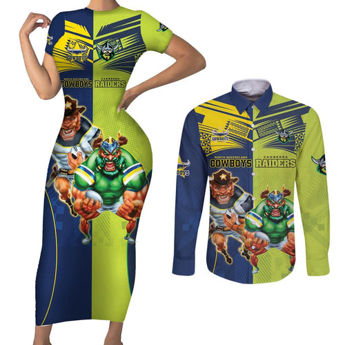 Custom Raiders and Cowboys Couples Matching Short Sleeve Bodycon Dress and Long Sleeve Button Shirt Together Sporty Style