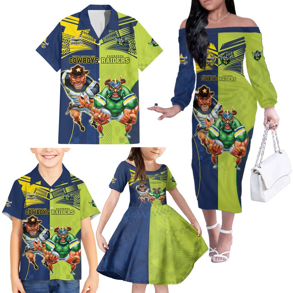 Custom Raiders and Cowboys Family Matching Off The Shoulder Long Sleeve Dress and Hawaiian Shirt Together Sporty Style