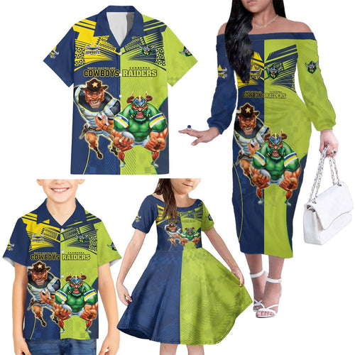 Custom Raiders and Cowboys Family Matching Off The Shoulder Long Sleeve Dress and Hawaiian Shirt Together Sporty Style