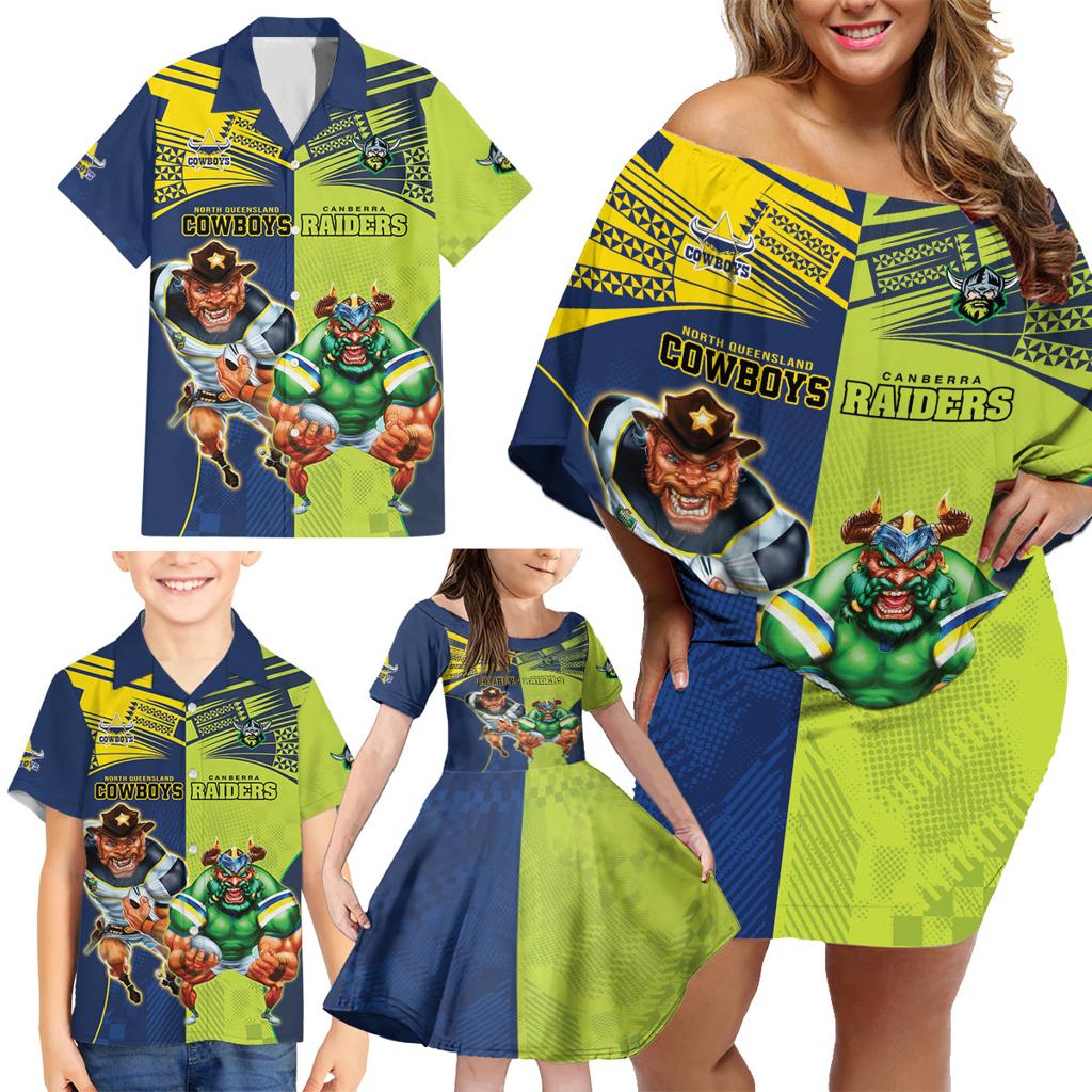Custom Raiders and Cowboys Family Matching Off Shoulder Short Dress and Hawaiian Shirt Together Sporty Style