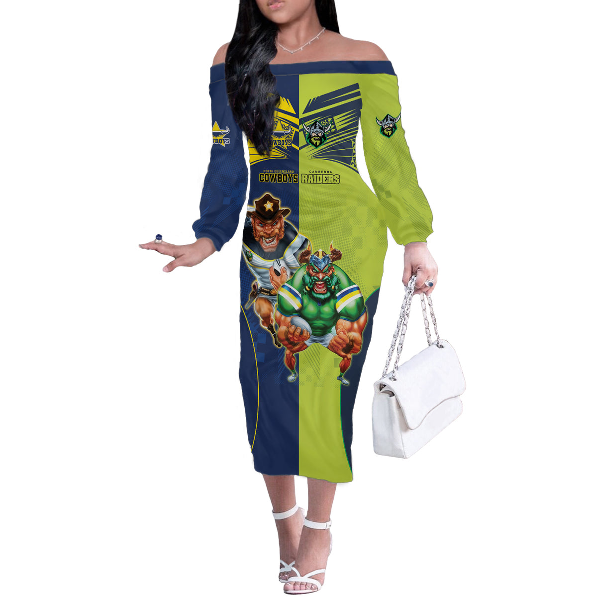 Custom Raiders and Cowboys Off The Shoulder Long Sleeve Dress Together Sporty Style