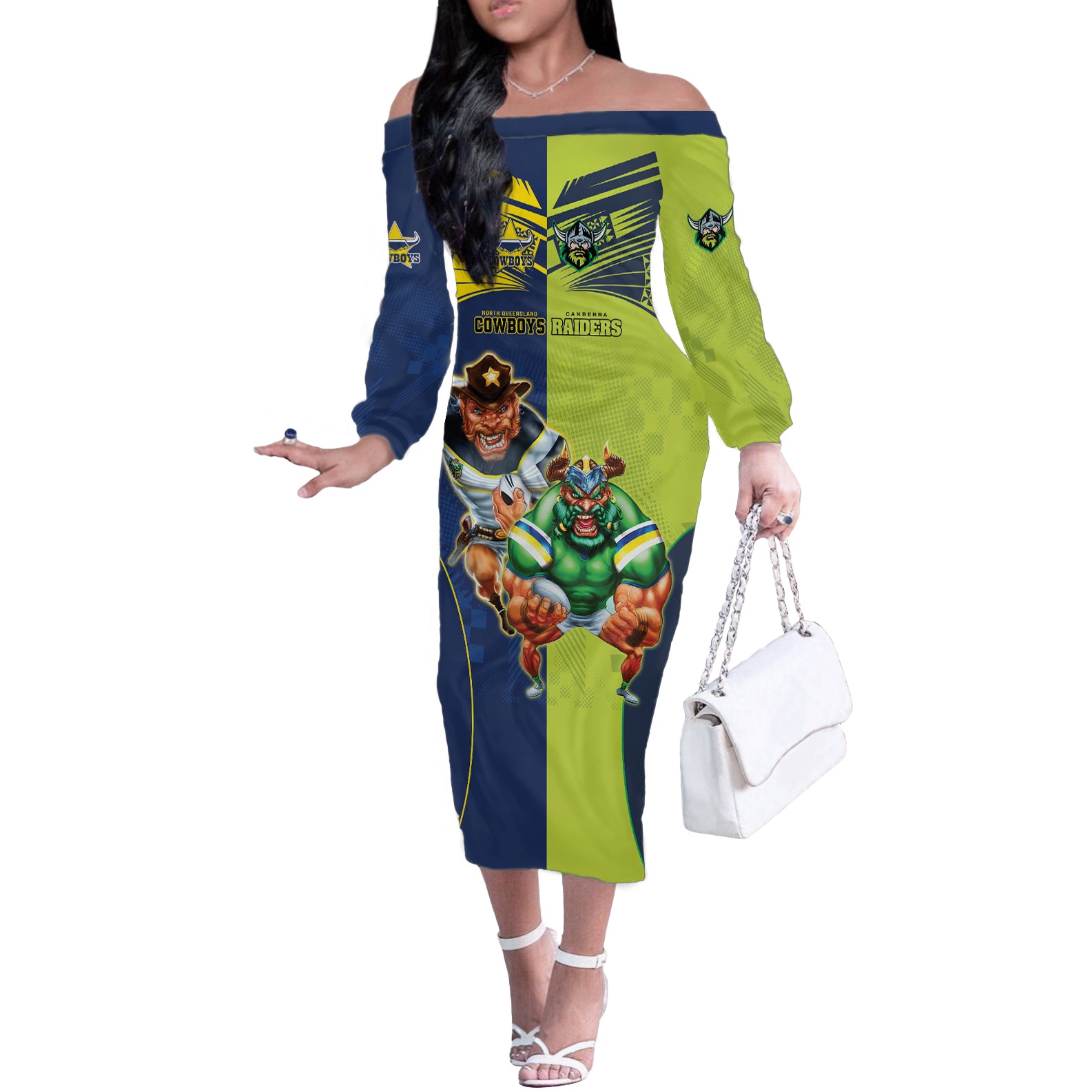 Custom Raiders and Cowboys Off The Shoulder Long Sleeve Dress Together Sporty Style