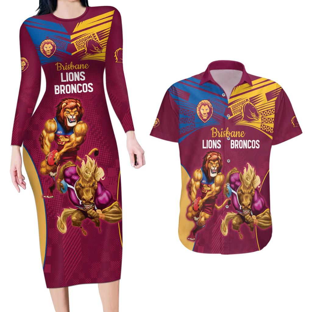 Custom Brisbane Broncos and Lions Couples Matching Long Sleeve Bodycon Dress and Hawaiian Shirt Together Sporty Style