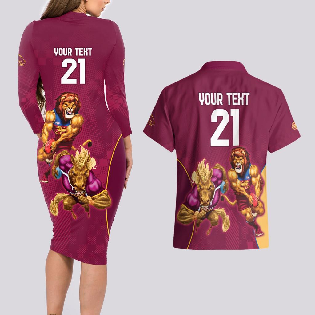 Custom Brisbane Broncos and Lions Couples Matching Long Sleeve Bodycon Dress and Hawaiian Shirt Together Sporty Style