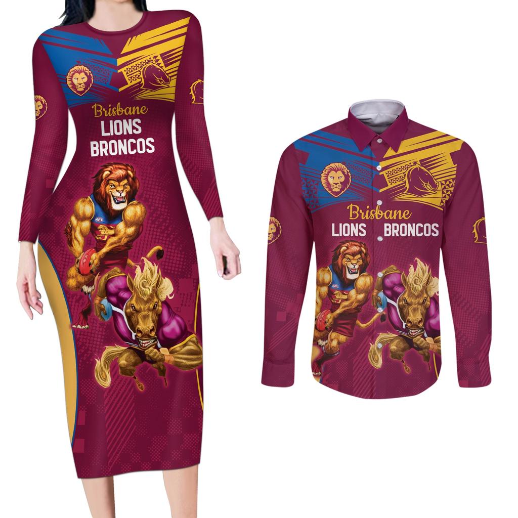 Custom Brisbane Broncos and Lions Couples Matching Long Sleeve Bodycon Dress and Long Sleeve Button Shirt Together Sporty Style