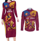 Custom Brisbane Broncos and Lions Couples Matching Long Sleeve Bodycon Dress and Long Sleeve Button Shirt Together Sporty Style