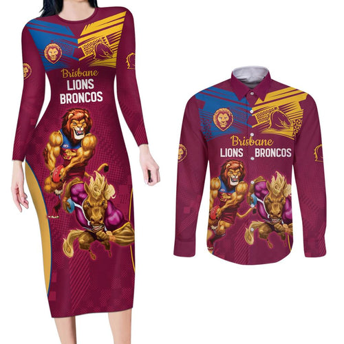 Custom Brisbane Broncos and Lions Couples Matching Long Sleeve Bodycon Dress and Long Sleeve Button Shirt Together Sporty Style