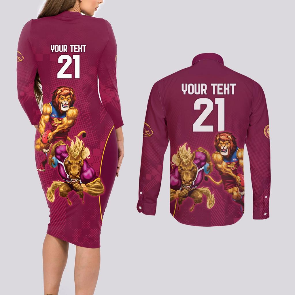 Custom Brisbane Broncos and Lions Couples Matching Long Sleeve Bodycon Dress and Long Sleeve Button Shirt Together Sporty Style