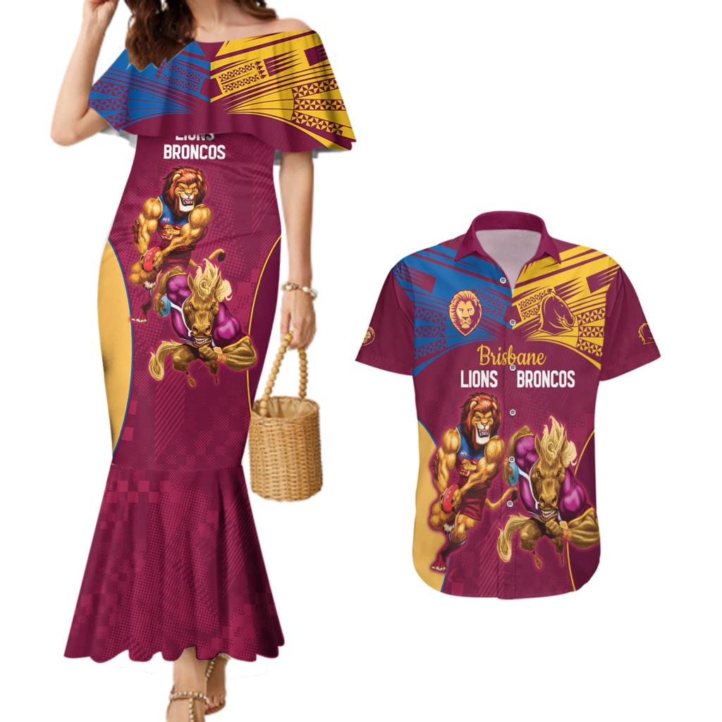 Custom Brisbane Broncos and Lions Couples Matching Mermaid Dress and Hawaiian Shirt Together Sporty Style