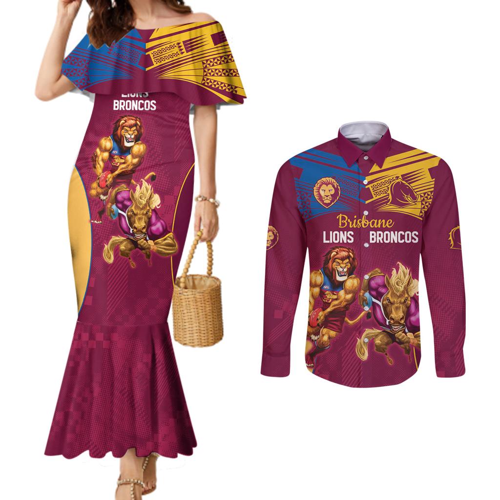 Custom Brisbane Broncos and Lions Couples Matching Mermaid Dress and Long Sleeve Button Shirt Together Sporty Style