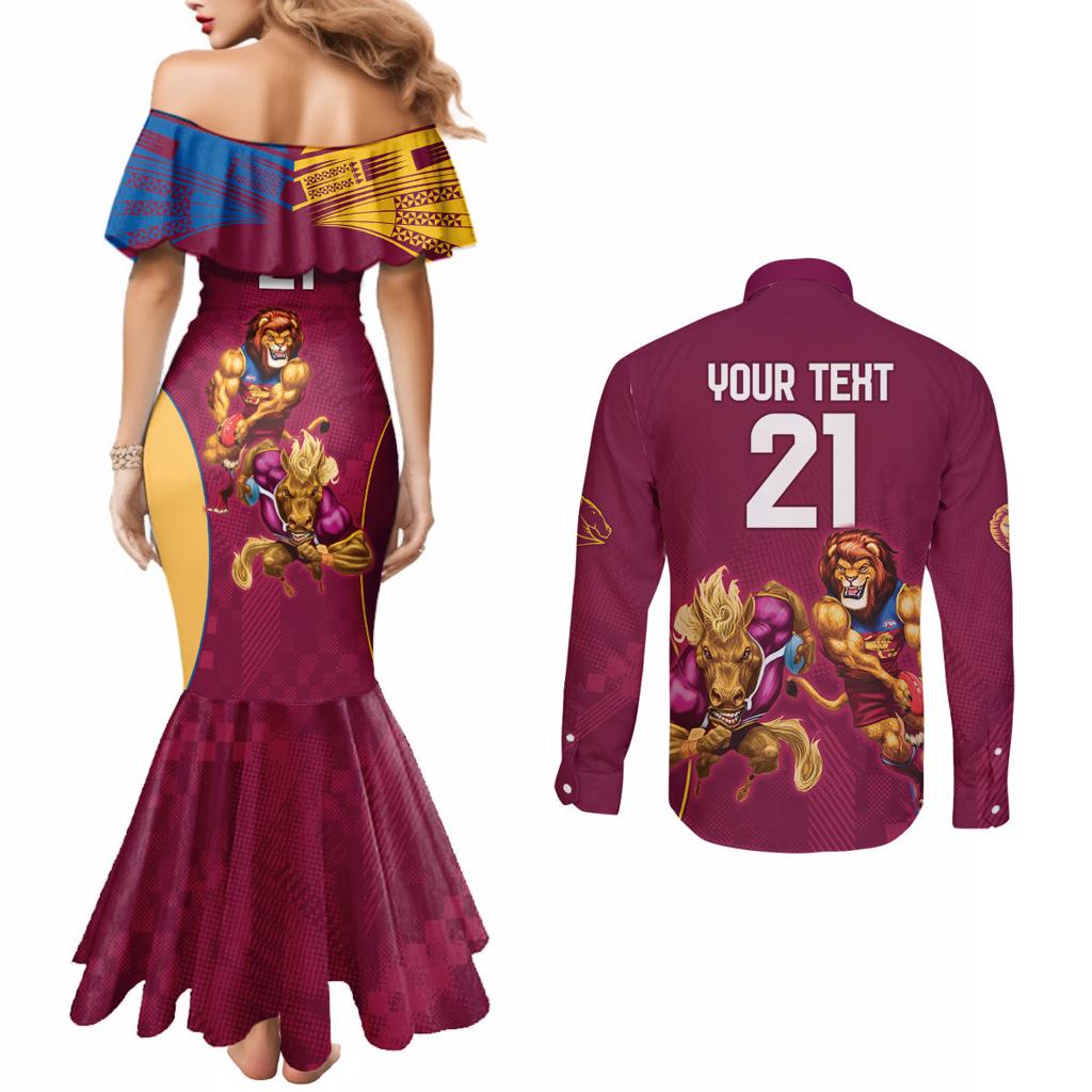 Custom Brisbane Broncos and Lions Couples Matching Mermaid Dress and Long Sleeve Button Shirt Together Sporty Style