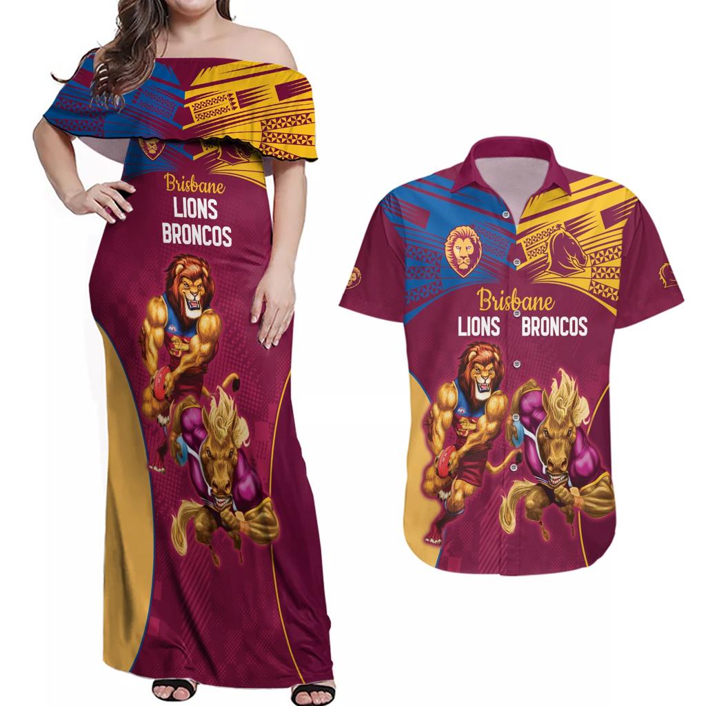Custom Brisbane Broncos and Lions Couples Matching Off Shoulder Maxi Dress and Hawaiian Shirt Together Sporty Style