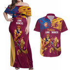 Custom Brisbane Broncos and Lions Couples Matching Off Shoulder Maxi Dress and Hawaiian Shirt Together Sporty Style