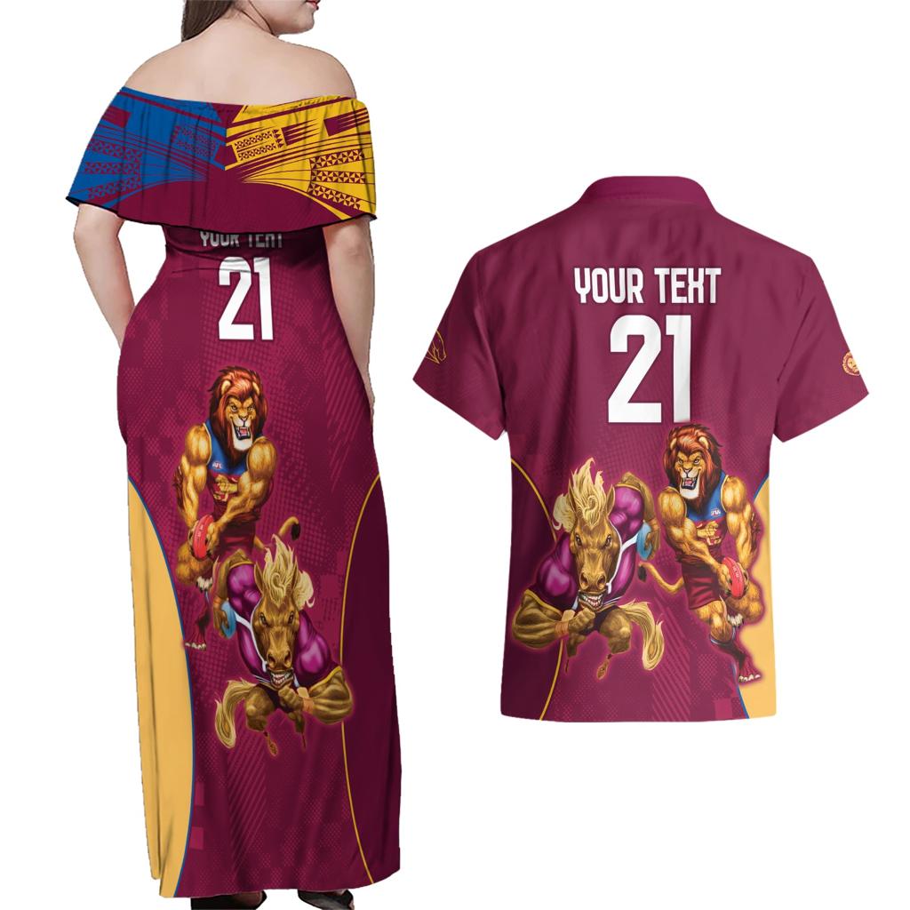 Custom Brisbane Broncos and Lions Couples Matching Off Shoulder Maxi Dress and Hawaiian Shirt Together Sporty Style