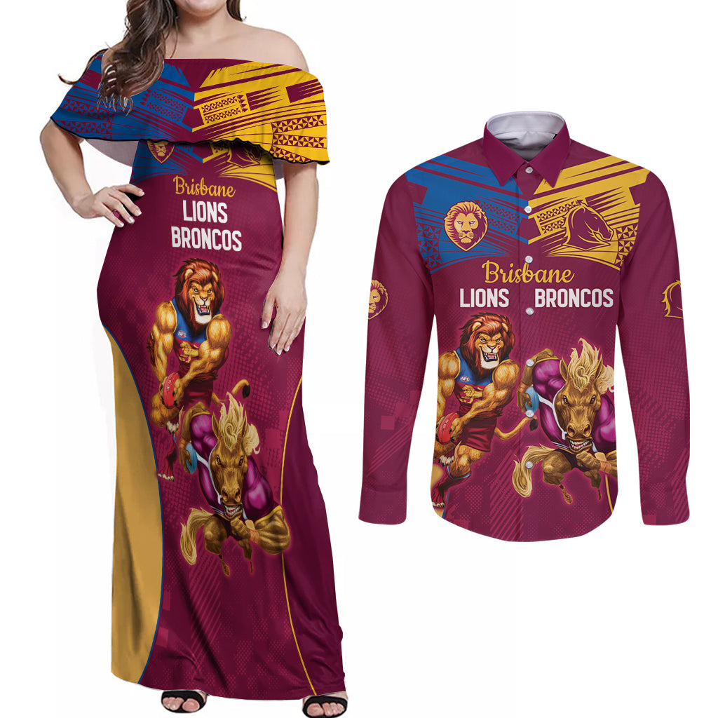 Custom Brisbane Broncos and Lions Couples Matching Off Shoulder Maxi Dress and Long Sleeve Button Shirt Together Sporty Style