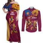 Custom Brisbane Broncos and Lions Couples Matching Off Shoulder Maxi Dress and Long Sleeve Button Shirt Together Sporty Style