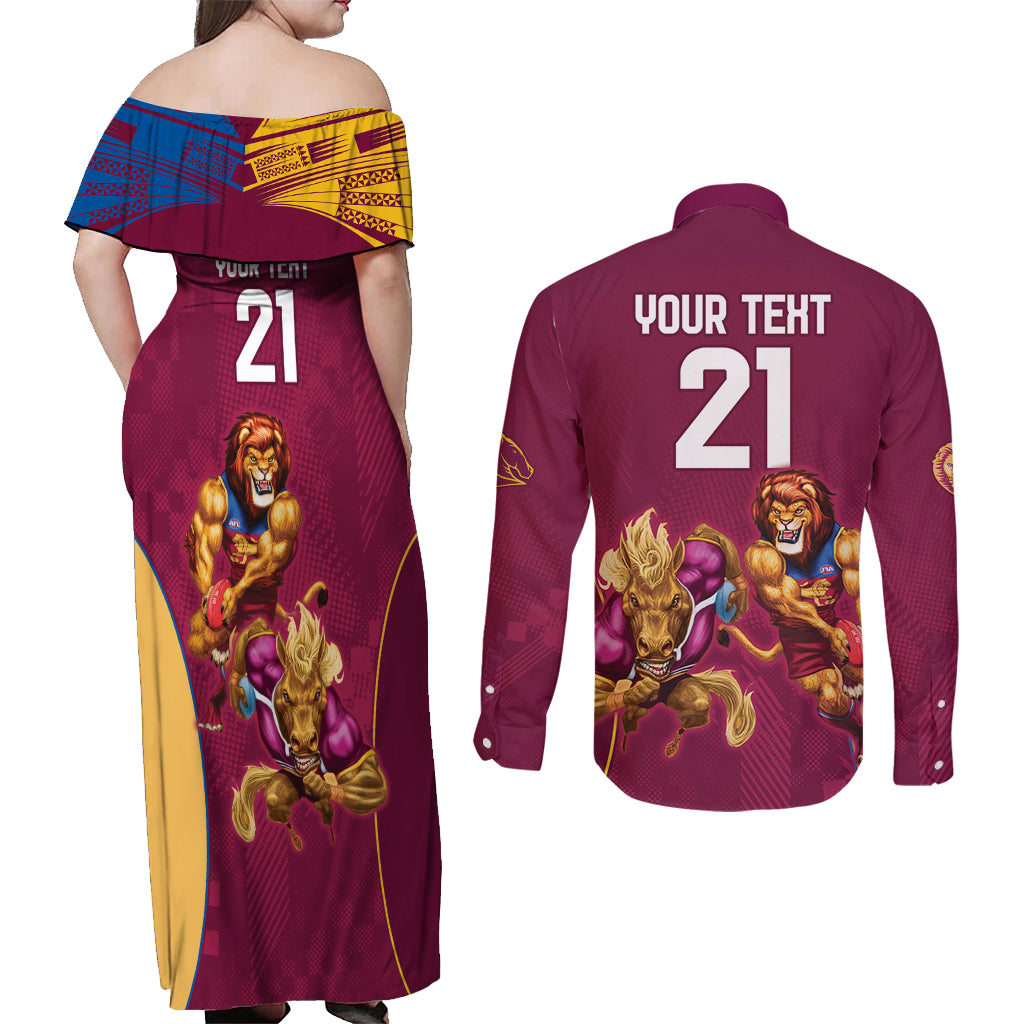Custom Brisbane Broncos and Lions Couples Matching Off Shoulder Maxi Dress and Long Sleeve Button Shirt Together Sporty Style