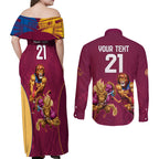 Custom Brisbane Broncos and Lions Couples Matching Off Shoulder Maxi Dress and Long Sleeve Button Shirt Together Sporty Style