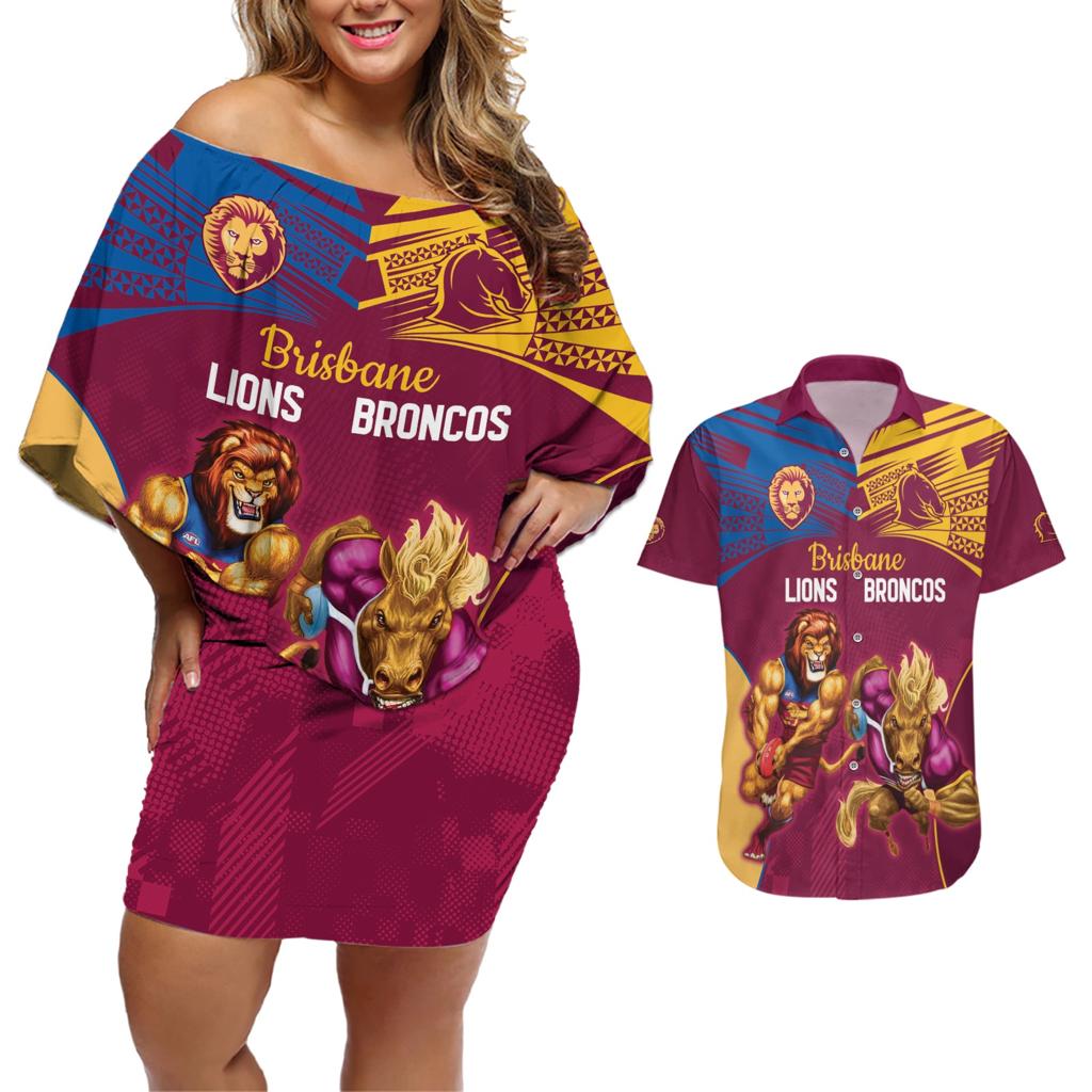 Custom Brisbane Broncos and Lions Couples Matching Off Shoulder Short Dress and Hawaiian Shirt Together Sporty Style