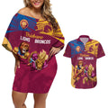 Custom Brisbane Broncos and Lions Couples Matching Off Shoulder Short Dress and Hawaiian Shirt Together Sporty Style