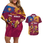 Custom Brisbane Broncos and Lions Couples Matching Off Shoulder Short Dress and Hawaiian Shirt Together Sporty Style