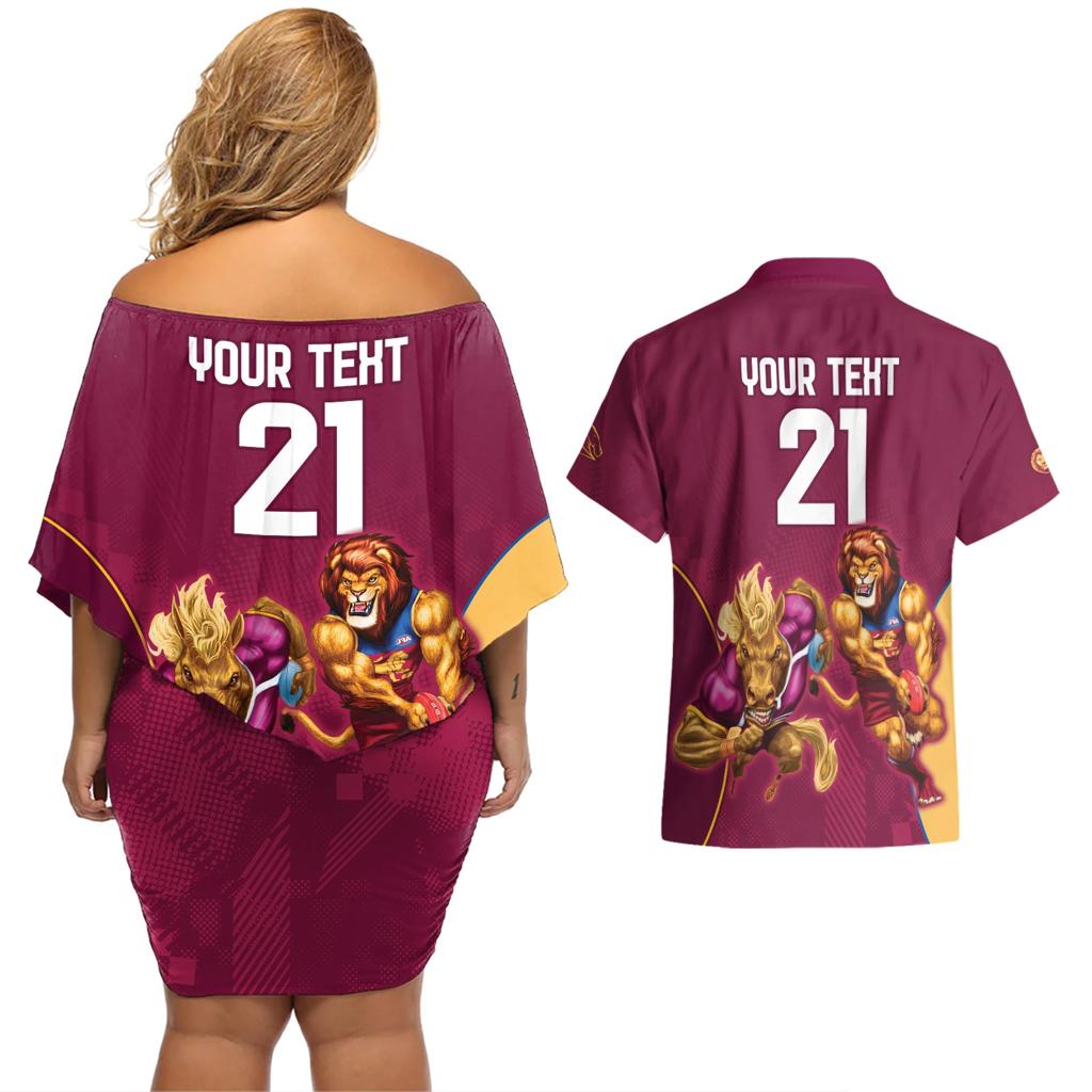 Custom Brisbane Broncos and Lions Couples Matching Off Shoulder Short Dress and Hawaiian Shirt Together Sporty Style