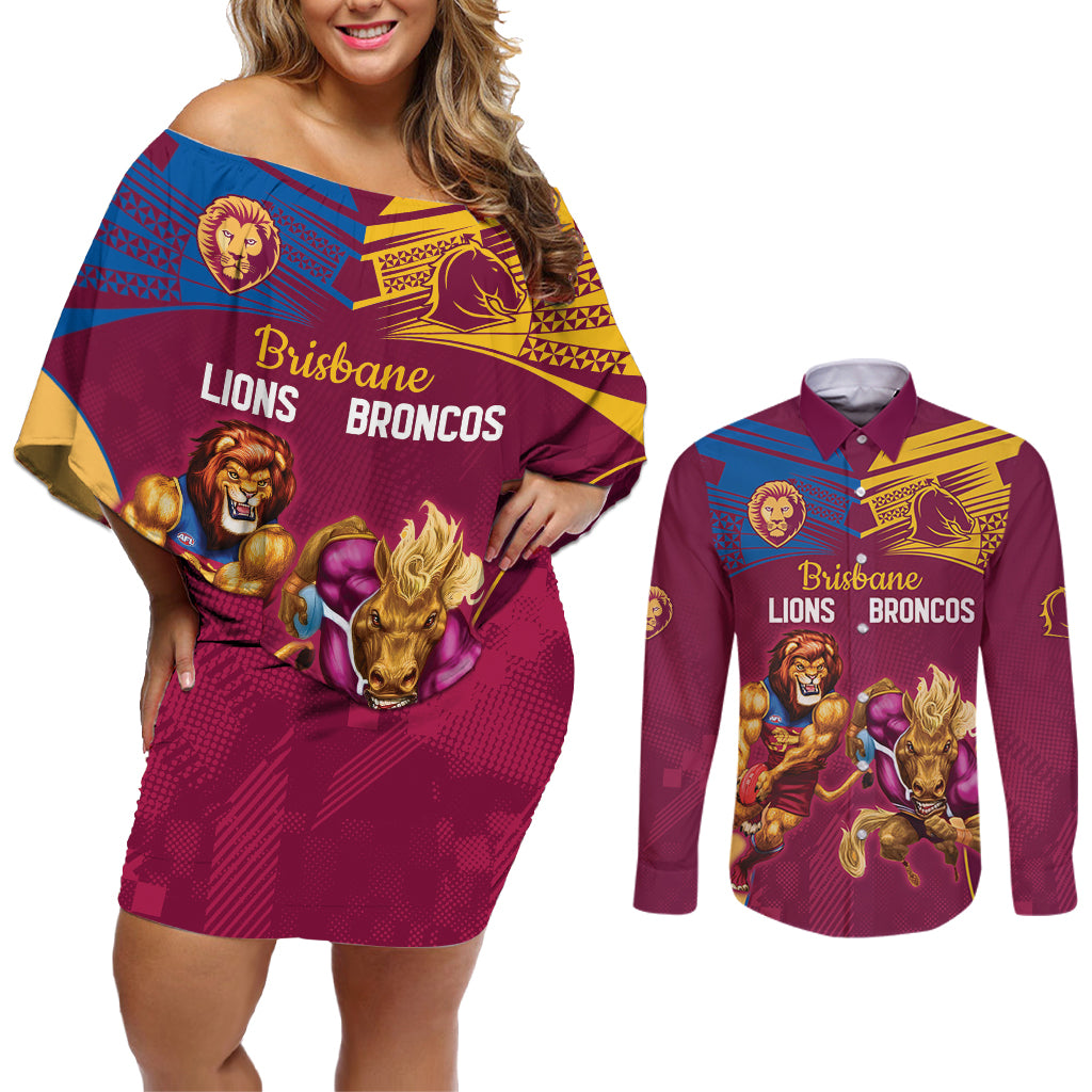 Custom Brisbane Broncos and Lions Couples Matching Off Shoulder Short Dress and Long Sleeve Button Shirt Together Sporty Style