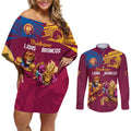 Custom Brisbane Broncos and Lions Couples Matching Off Shoulder Short Dress and Long Sleeve Button Shirt Together Sporty Style