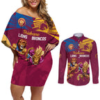Custom Brisbane Broncos and Lions Couples Matching Off Shoulder Short Dress and Long Sleeve Button Shirt Together Sporty Style