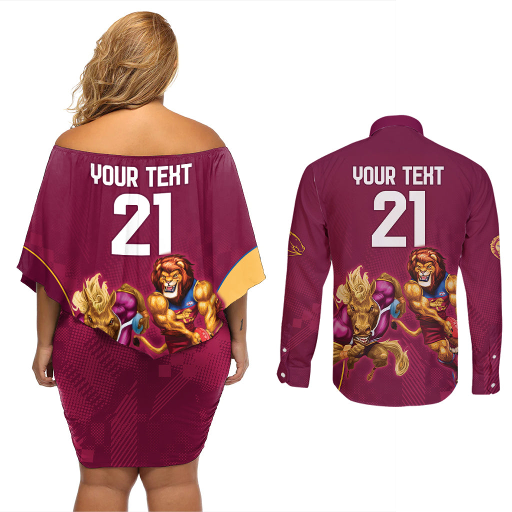 Custom Brisbane Broncos and Lions Couples Matching Off Shoulder Short Dress and Long Sleeve Button Shirt Together Sporty Style