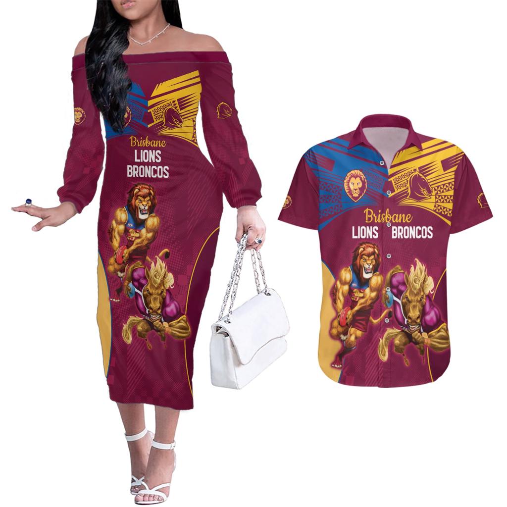 Custom Brisbane Broncos and Lions Couples Matching Off The Shoulder Long Sleeve Dress and Hawaiian Shirt Together Sporty Style