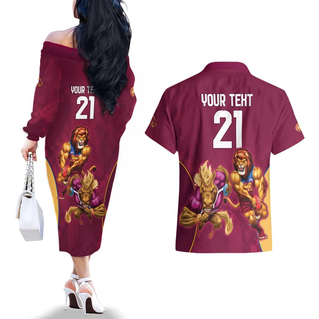 Custom Brisbane Broncos and Lions Couples Matching Off The Shoulder Long Sleeve Dress and Hawaiian Shirt Together Sporty Style
