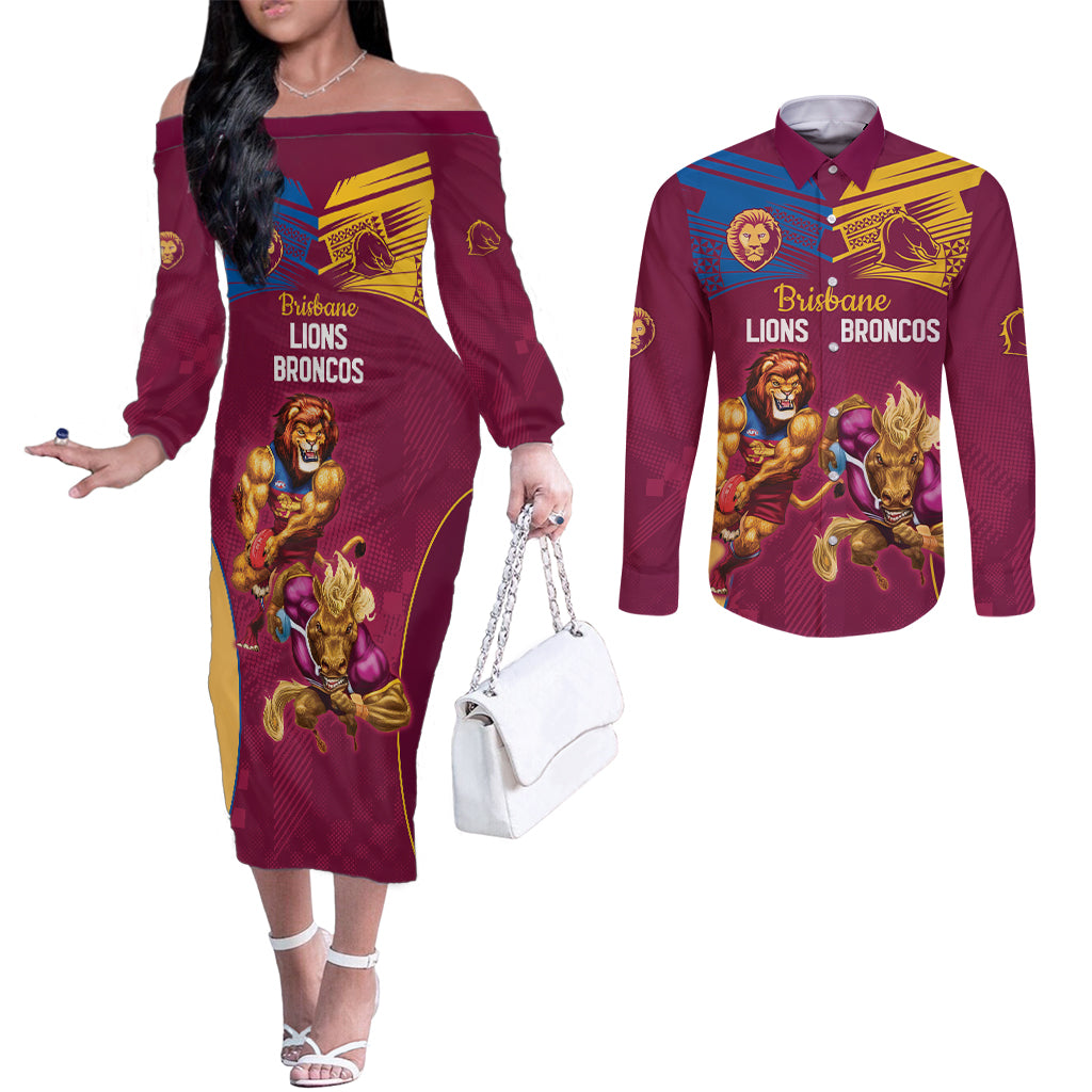Custom Brisbane Broncos and Lions Couples Matching Off The Shoulder Long Sleeve Dress and Long Sleeve Button Shirt Together Sporty Style