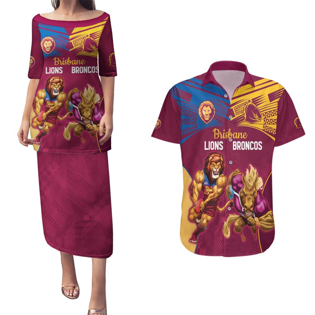 Custom Brisbane Broncos and Lions Couples Matching Puletasi and Hawaiian Shirt Together Sporty Style
