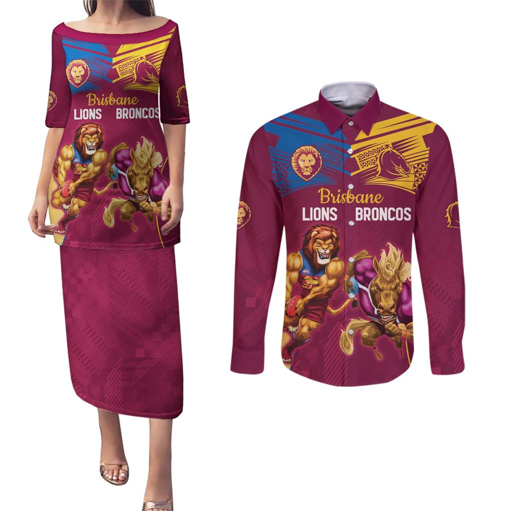 Custom Brisbane Broncos and Lions Couples Matching Puletasi and Long Sleeve Button Shirt Together Sporty Style