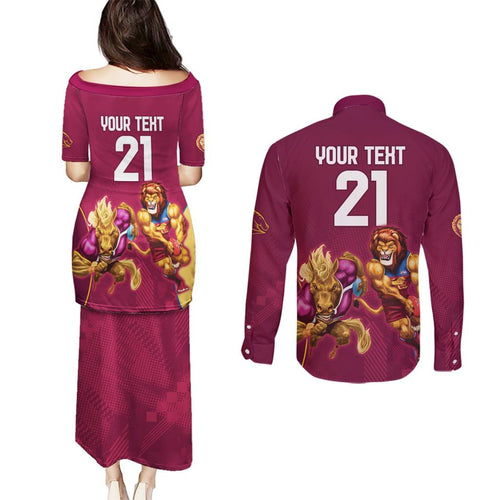 Custom Brisbane Broncos and Lions Couples Matching Puletasi and Long Sleeve Button Shirt Together Sporty Style