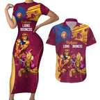 Custom Brisbane Broncos and Lions Couples Matching Short Sleeve Bodycon Dress and Hawaiian Shirt Together Sporty Style