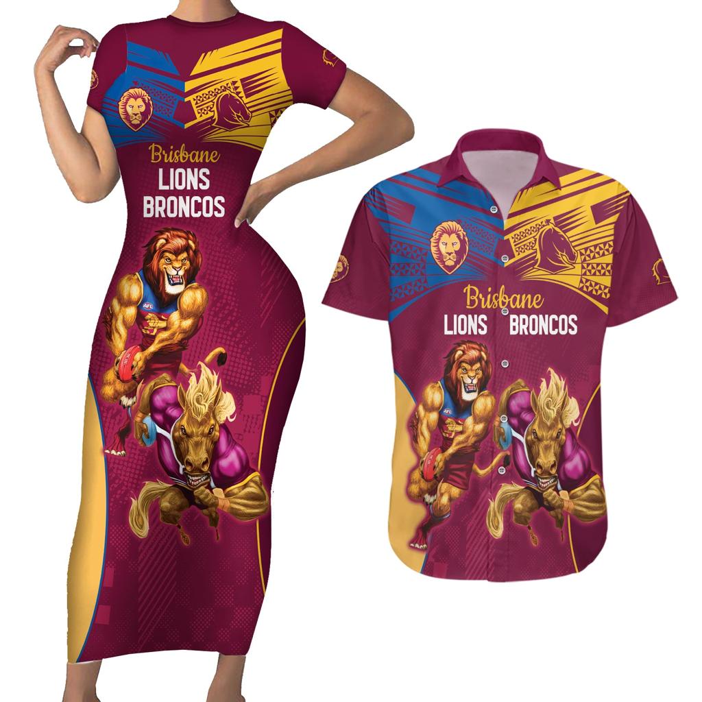 Custom Brisbane Broncos and Lions Couples Matching Short Sleeve Bodycon Dress and Hawaiian Shirt Together Sporty Style