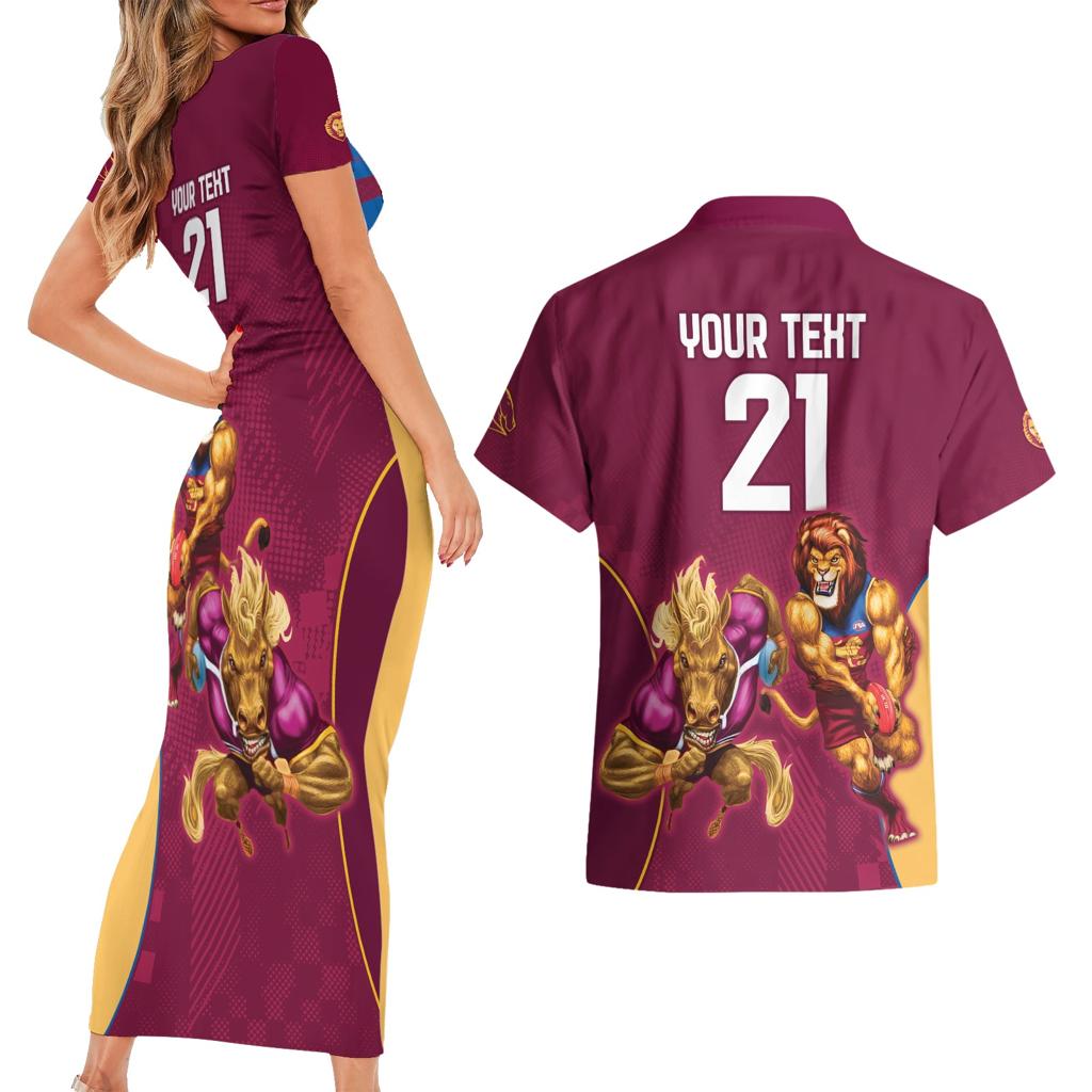 Custom Brisbane Broncos and Lions Couples Matching Short Sleeve Bodycon Dress and Hawaiian Shirt Together Sporty Style