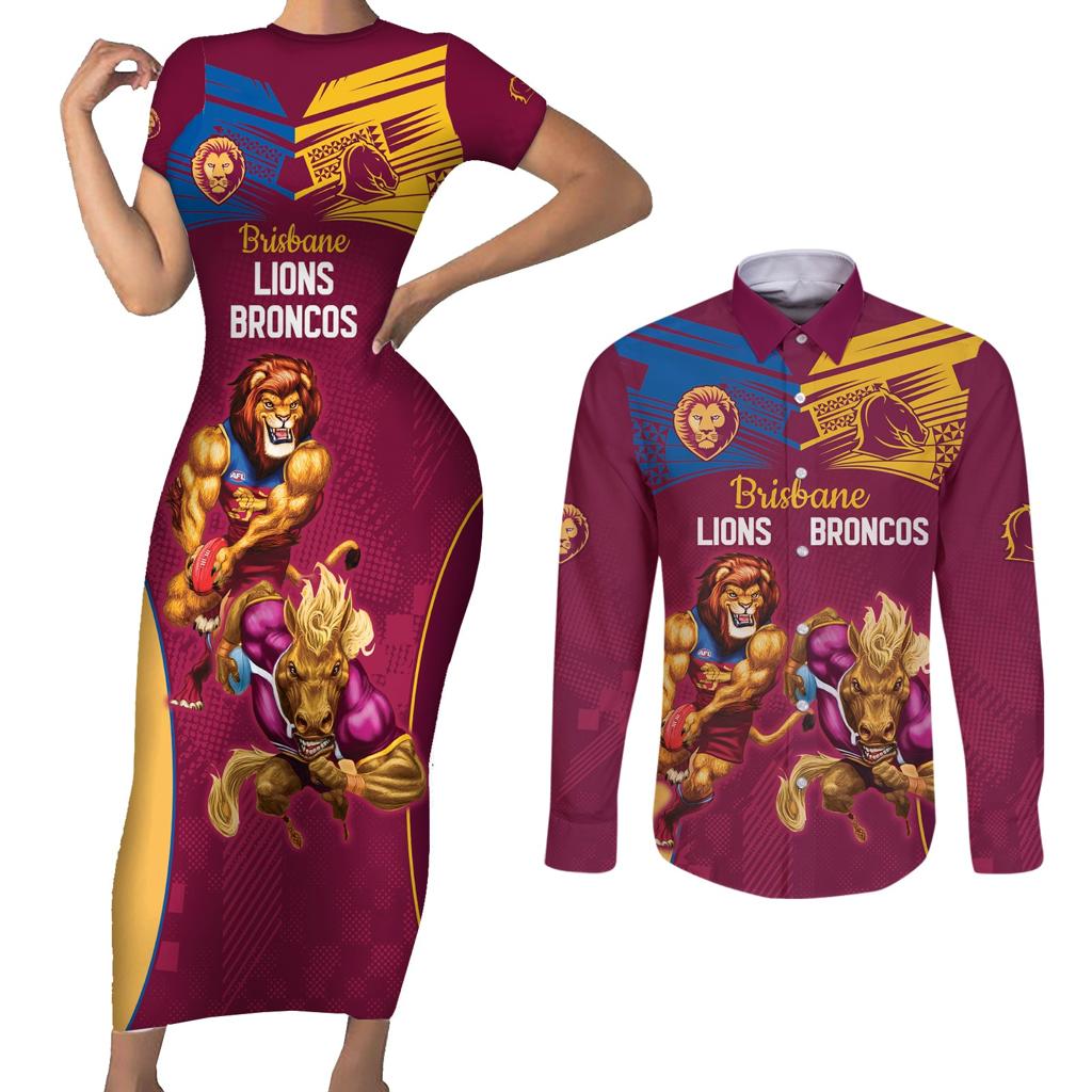 Custom Brisbane Broncos and Lions Couples Matching Short Sleeve Bodycon Dress and Long Sleeve Button Shirt Together Sporty Style
