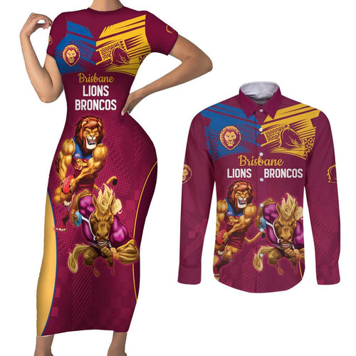 Custom Brisbane Broncos and Lions Couples Matching Short Sleeve Bodycon Dress and Long Sleeve Button Shirt Together Sporty Style