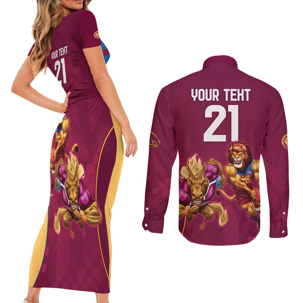 Custom Brisbane Broncos and Lions Couples Matching Short Sleeve Bodycon Dress and Long Sleeve Button Shirt Together Sporty Style